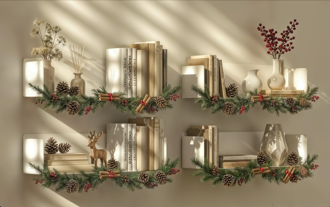 Estantes Magnus de 60 cm en color blanco decorados con libros, figuras navideñas y guirnaldas verdes con frutos rojos.