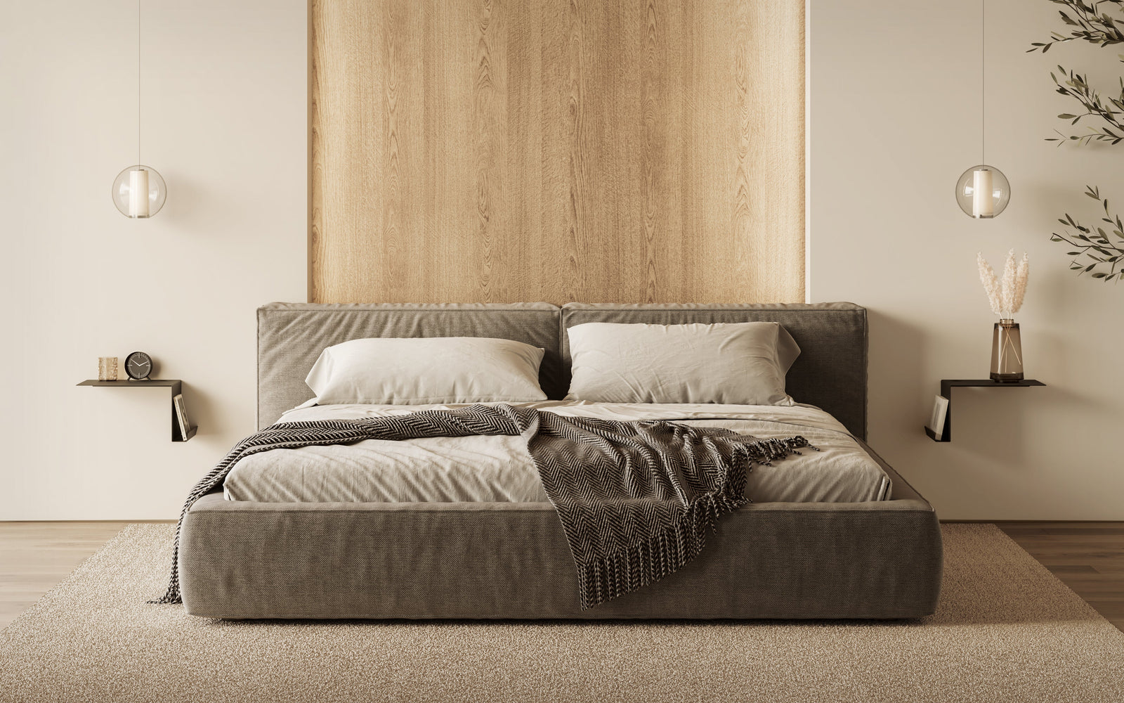 Cama de matrimonio con mesitas de noche metálicas