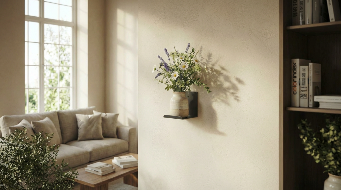 Estante metálico Runa de estilo minimalista y negro en una pared de un salón