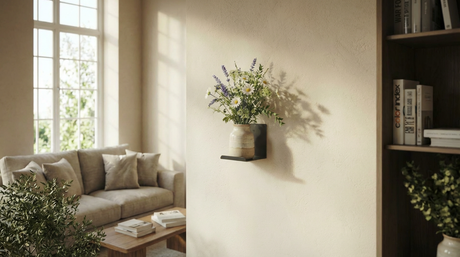 Estante metálico Runa de estilo minimalista y negro en una pared de un salón